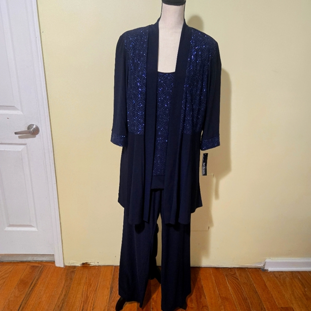 R & M Richards Navy Blue Straight Leg Jumpsuit Set with Beaded Jacket